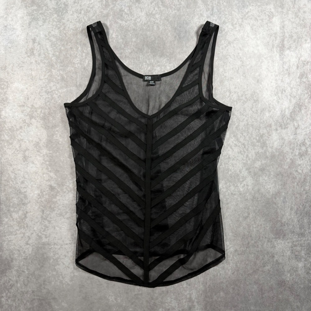 BDB David Bitton Tank Top Womens M Black Sheer Mesh Chevron Striped Cami Y2K